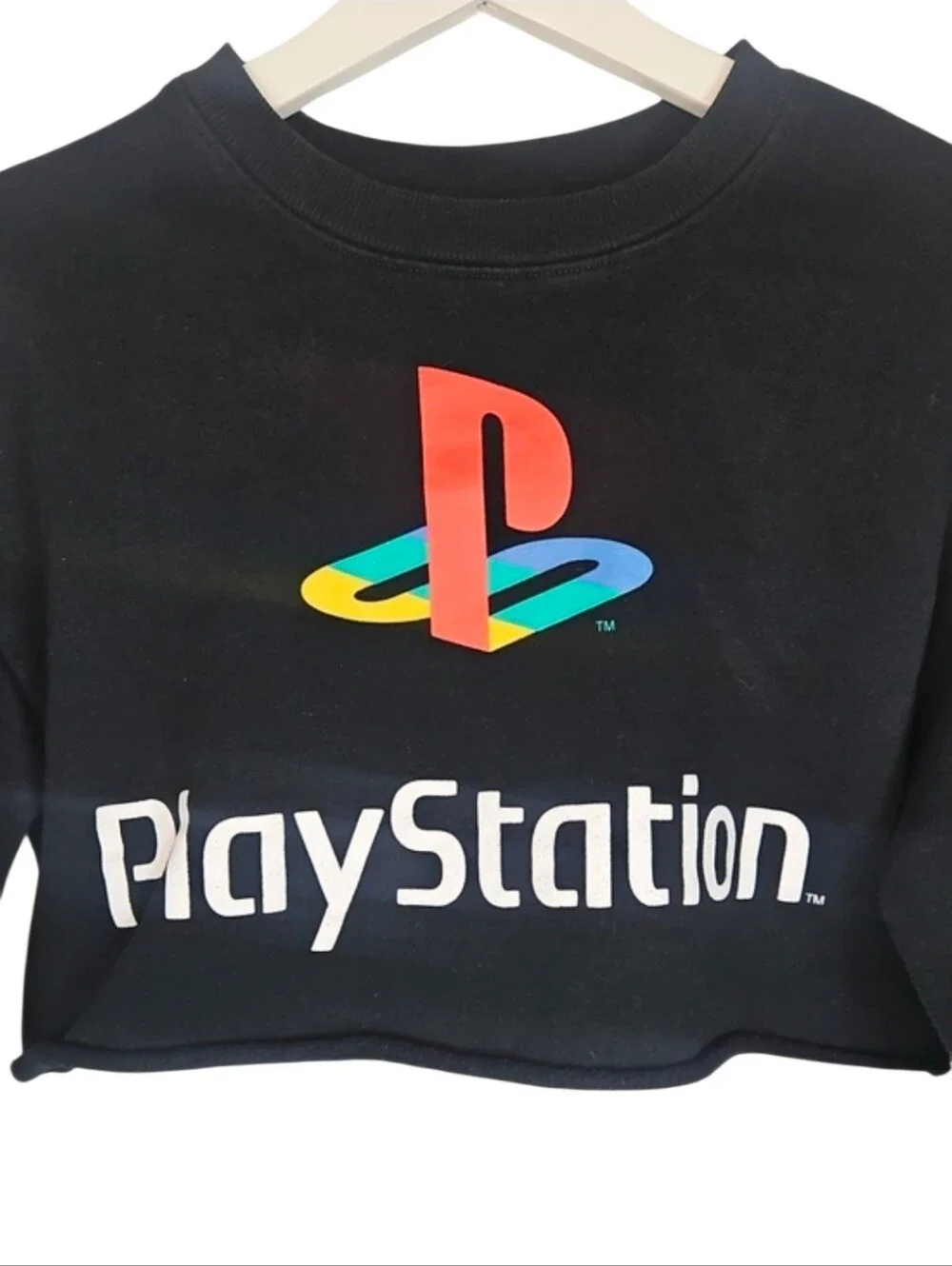 PlayStation Black Cropped Sweatshirt Raw Roll Hem Sony Gamer Video Game Top S